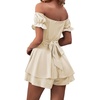 image:imageLYANER Womens Summer Off The Shoulder Wrap Tie Back Short Sleeve Ruffle Romper Dress Short JumpsuitBeige