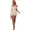 image:imageLYANER Womens Summer Off The Shoulder Wrap Tie Back Short Sleeve Ruffle Romper Dress Short JumpsuitBeige