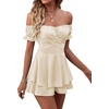 image:imageLYANER Womens Summer Off The Shoulder Wrap Tie Back Short Sleeve Ruffle Romper Dress Short JumpsuitBeige