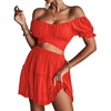 image:imageLYANER Womens 2 Piece Outfits Off Shoulder Tie Up Back Crop Top and Mini Skirt Set Solid Red XSmall