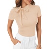 image:imageLYANER Womens Bow Tie Knot Mock Neck Short Sleeve Work Tee TShirt Tunic TopBeige
