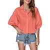 image:imageLYANER Womens Collar V Neck Button Down Lantern Short Sleeve Blouse Crop Top ShirtCoral Powder