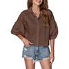 image:imageLYANER Womens Collar V Neck Button Down Lantern Short Sleeve Blouse Crop Top ShirtDark Brown