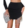 image:imageLYANER Womens Fringe Rhinestone Slit Asymmetrical Hem High Waist Ribbed Bodycon Short SkirtsBlack
