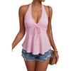 image:imageLYANER Womens Lace Trim Halter V Neck Ruched Ruffle Backless Y2k Sexy Cami Peplum TopsPink