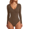 image:imageLYANER Womens Long Sleeve Bodysuit Sexy V Neck Henley Slim Fitted Going Out Tops Button Down LeotardDark Brown