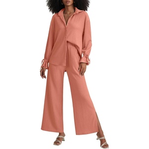 image:imageLYANER Womens 2 Piece Outfits Button Down Long Sleeve Shirt and Wide Leg Pants SetCoral Powder