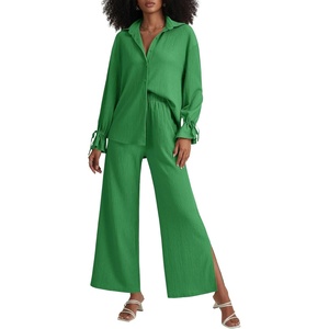 image:imageLYANER Womens 2 Piece Outfits Button Down Long Sleeve Shirt and Wide Leg Pants SetGreen