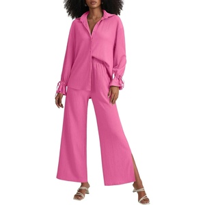 image:imageLYANER Womens 2 Piece Outfits Button Down Long Sleeve Shirt and Wide Leg Pants SetPlain Rose
