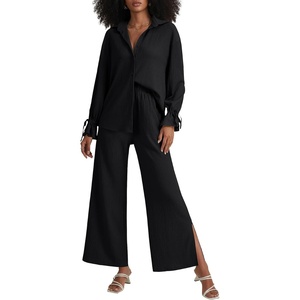 image:imageLYANER Womens 2 Piece Outfits Button Down Long Sleeve Shirt and Wide Leg Pants SetPure Black