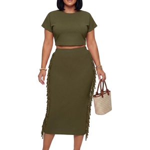 image:imageLYANER Womens 2 Piece Outfits Crew Neck Fringe Short Sleeve Crop Top and Tassel Trim Bodycon Midi Skirt SetArmy Green