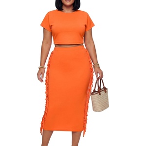 image:imageLYANER Womens 2 Piece Outfits Crew Neck Fringe Short Sleeve Crop Top and Tassel Trim Bodycon Midi Skirt SetNeon Orange