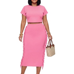 image:imageLYANER Womens 2 Piece Outfits Crew Neck Fringe Short Sleeve Crop Top and Tassel Trim Bodycon Midi Skirt SetSolid Pink