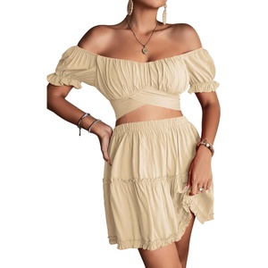 image:imageLYANER Womens 2 Piece Outfits Floral Off Shoulder Tie Up Crop Top and Mini Skirt SetBeige