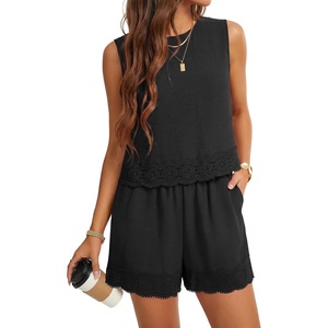 image:imageLYANER Womens 2 Piece Shorts Sets Sleeveless Crew Neck Tank Tops Elastic Waist Bottom Lace Trim MatchingBlack