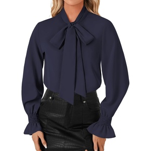 image:imageLYANER Womens Bow Tie Neck Blouse Ruffle Long Sleeve Business Dressy Office Shirt TopNavy Blue