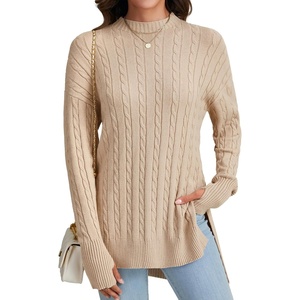 image:imageLYANER Womens Cable Knit Side Split Crew Neck Long Sleeve Casual Pullover SweaterKhaki