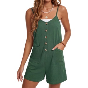 image:imageLYANER Womens Casual Summer Sleeveless Romper Loose Adjustable Spaghetti Strap Button Front Stretchy Shorts JumpsuitsGreen