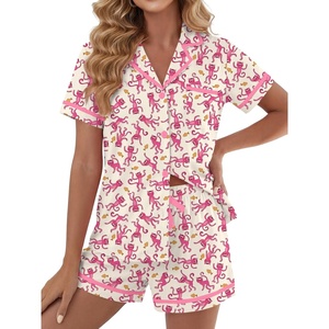 image:imageLYANER Womens Cotton Pajamas Set Button Short Sleeve Shirt with Shorts Set PJs LoungewearChampagne Deep Pink Print