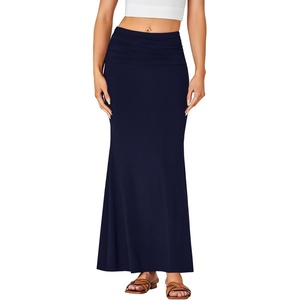 image:imageLYANER Womens Fold Over Waist Maxi Skirt Lightweight Floor Length Flared Long SkirtsNavy Blue