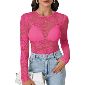 image:imageLYANER Womens Lace Long Sleeve Tops Floral Sexy Mesh Sheer Shirt See Through Undershirt TopsRose Pink
