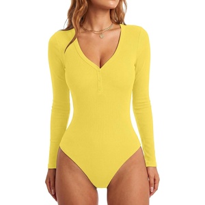image:imageLYANER Womens Long Sleeve Bodysuit Sexy V Neck Henley Slim Fitted Going Out Tops Button Down LeotardBright Yellow