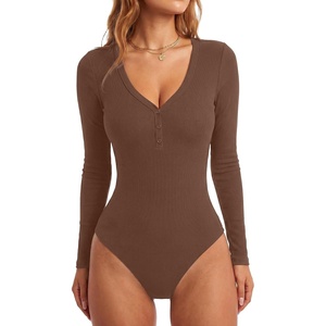 image:imageLYANER Womens Long Sleeve Bodysuit Sexy V Neck Henley Slim Fitted Going Out Tops Button Down LeotardBrown