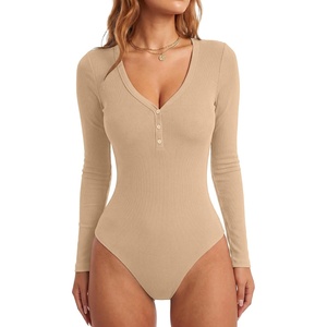 image:imageLYANER Womens Long Sleeve Bodysuit Sexy V Neck Henley Slim Fitted Going Out Tops Button Down LeotardDark Khaki