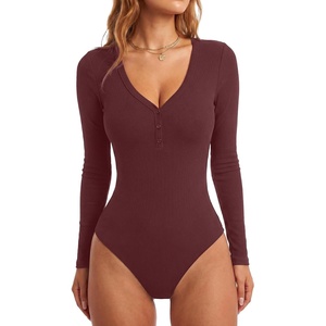 image:imageLYANER Womens Long Sleeve Bodysuit Sexy V Neck Henley Slim Fitted Going Out Tops Button Down LeotardDeep Red