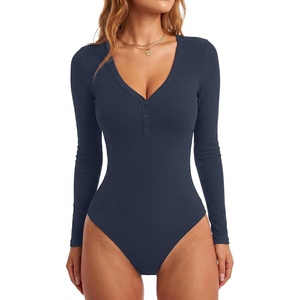 image:imageLYANER Womens Long Sleeve Bodysuit Sexy V Neck Henley Slim Fitted Going Out Tops Button Down LeotardNavy Blue