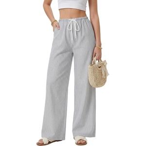 image:imageLYANER Womens Low Rise Striped Pants Wide Leg Cotton Elastic Drawstring Pajama Lounge Wear SleepweaBlack