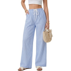 image:imageLYANER Womens Low Rise Striped Pants Wide Leg Cotton Elastic Drawstring Pajama Lounge Wear SleepweaBright Blue