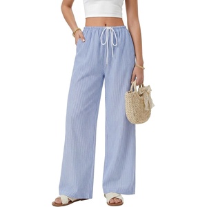 image:imageLYANER Womens Low Rise Striped Pants Wide Leg Cotton Elastic Drawstring Pajama Lounge Wear SleepweaDark Blue