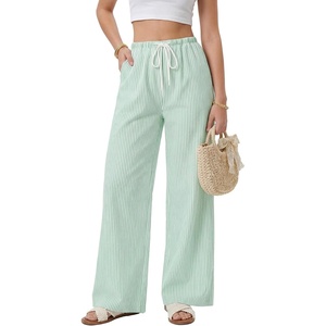 image:imageLYANER Womens Low Rise Striped Pants Wide Leg Cotton Elastic Drawstring Pajama Lounge Wear SleepweaGreen