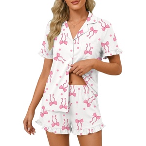 image:imageLYANER Womens Pajamas Set Button Down V Neck Short Sleeve Ruffle Pjs Top with Shorts SleepwearPinky White