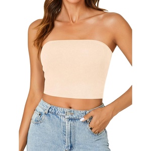 image:imageLYANER Womens Rib Knit Crop Tube Tops Basic Strapless Bandeau Summer Cropped Sleeveless ShirtBeige