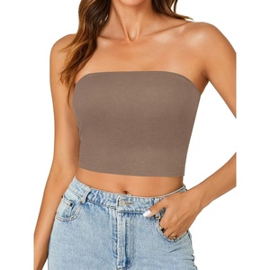 image:imageLYANER Womens Rib Knit Crop Tube Tops Basic Strapless Bandeau Summer Cropped Sleeveless ShirtBrown