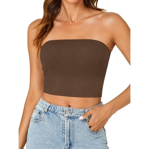 image:imageLYANER Womens Rib Knit Crop Tube Tops Basic Strapless Bandeau Summer Cropped Sleeveless ShirtCoffee