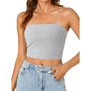 image:imageLYANER Womens Rib Knit Crop Tube Tops Basic Strapless Bandeau Summer Cropped Sleeveless ShirtLight Grey