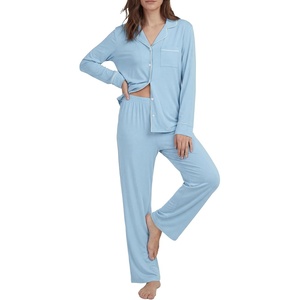 image:imageLYANER Womens Soft Modal Pajamas Long Sleeve Button Down PJS V Neck 2 Piece Sleepwear Lounge SetsAzure