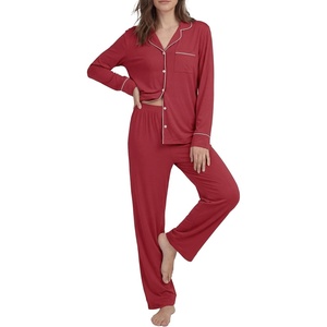 image:imageLYANER Womens Soft Modal Pajamas Long Sleeve Button Down PJS V Neck 2 Piece Sleepwear Lounge SetsWine Red
