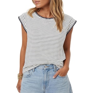 image:imageLYANER Womens Striped Lace Trim Round Neck Cap Sleeve Dressy Casual Top Tee ShirtsWhite