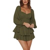 image:imageLYANER Womens Jumpsuit Lantern Long Sleeve Ruffle Layer Tie Mini Short RomperArmy Green