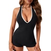 image:imageLYANER Womens Halter V Neck Sleeveless Ribbed Knit Workout One Piece Tank Tops Rompers JumpsuitsBlack