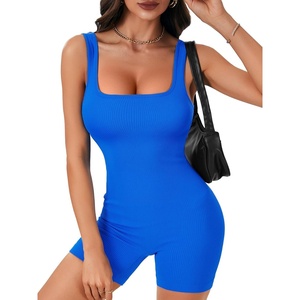 image:imageLYANER Womens Sleeveless Square Neck Romper One Piece Ribbed Knit Bodycon Yoga JumpsuitRoyal Blue