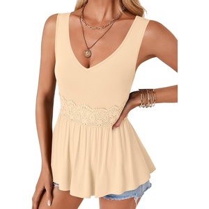 image:imageLYANER Womens V Neck Lace Ruffle Babydoll Tank Top Sleeveless Flowy Peplum Summer TopsLight Beige
