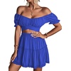 image:imageLYANER Womens 2 Piece Outfits Floral Off Shoulder Tie Up Crop Top and Mini Skirt SetLight Royal