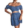 image:imageLYANER Womens 2 Piece Outfits Floral Off Shoulder Tie Up Crop Top and Mini Skirt SetRoyal Blue Floral