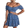 image:imageLYANER Womens 2 Piece Outfits Floral Off Shoulder Tie Up Crop Top and Mini Skirt SetRoyal Blue Floral