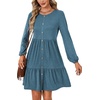 image:imageLYANER Womens Casual Long Sleeve Dress Crewneck Button Long Sleeve Tiered Flowy ALine Mini DressDenim Blue